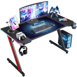 Homall Gaming Computer Desk with Carbon Fiber Surface, Gaming Table Z Shaped Pc Home Office with Cup Holder&Headphone Hook(55 in, Black, Led Light)