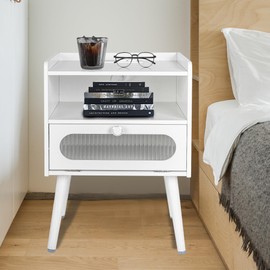 Mid Century Modern Nightstand with Charging Station,Bedside Tables with Glass Decorative Door & 2 Tiers Storage Space,for Bedroom, Living Room, White(1pcs)