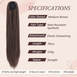 RUWISS Long Straight Ponytail Hairpiece - 70 cm Drawstring Clip Ponytail Hair Extensions Synthetic Braid Hair Extension for Women Daily (Medium Brown)