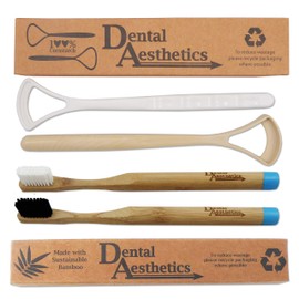 2 Bamboo Toothbrushes with 2 Cornstarch Tongue Scrapers - Eco-Friendly Dental Pack
