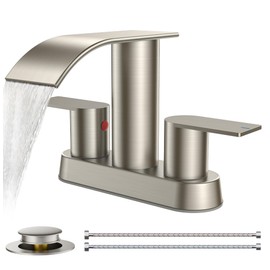 FORIOUS Waterfall Bathroom Faucets Brushed Nickel, Two Handles Centerset RV Bathroom Faucet with Metal Pop up Drain, 4 Inch Bathroom Sink Faucet for 2 or 3 Holes Basin,Vanity, Rv