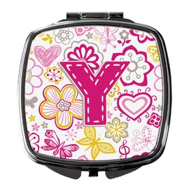 Caroline's Treasures CJ2005-YSCM Letter Y Flowers and Butterflies Pink Compact Mirror Decorative Travel Makeup Mirror for Women Girls Gifts Pocket Makeup Mirror Folding Handheld