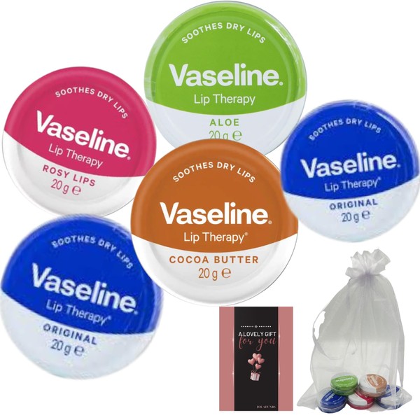 Vaseline Lip Balm Multipack Includes Rosy, Original, Cocoa & Aloe Lip Balm with Jolafunbs Cute Pouch & Beautiful Gift Cards