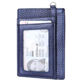 Cynure Women & Men Genuine Leather RFID Blocking Card Holder Thin Slim Minimalist Front Pocket Wallet with Keychain, Royal Blue