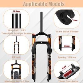 BUCKLOS 26 x 4.0 inch Fat Bike Tire Air Suspension Fork 120mm Travel, Spacing Hub 135mm 28.6mm Straight Tube Crown Lockout 9mm QR Ultralight Front Forks, fit Snow Beach Mountain Bike