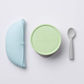 Miniware First Bites Deluxe Set: Cereal Bowl, Detachable Suction Foot, Training Spoon, Silicone Bib for Baby Toddler | Promotes Self Feeding | Eco-Friendly, BPA Free | Dishwasher Safe (Hipster Bites)