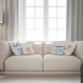 Happy Easter Rabbit Pillow Covers 18x18, Easter Egg Throw Pillows Case Hello Spring Pillow Case Festival Throw Cushion Cover Decorative Blue Spring Cushion Covers,4 Pack