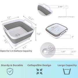 GIMWA Collapsible Wash Basin for Baby Bottles - 2.4 Gallons Portable Wash Bin for RV Camping Sink, Space-Saving Dish Tub (Gray)