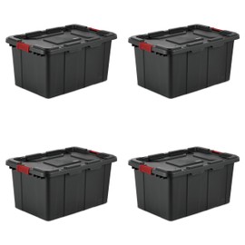 Sterilite 14669004 27 Gallon/102 Liter Industrial Tote, Black Lid & Base w/ Racer Red Latches, 4-Pack