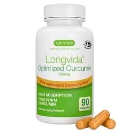 Igennus Longvida Lipidated Curcumin 500mg, Ultra Bioavailable & Sustained Action, 65x Higher Plasma Levels, Intensive Support, Free-Form Curcumin, Vegan, 90 Capsules