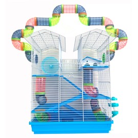 5-Floors Large Twin Tower Syrian Hamster Rodent Gerbil Mouse Mice Rat Home Cage with Crossover Tube Tunnel Expansible and Customizable with Hide House Running Wheel Food Dish Water Bottle