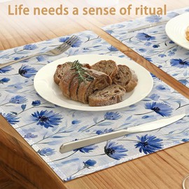 Blue Floral Placemats Set of 6,Cornflower Table Mates Non-Slip Heat Resistant Washable Linen Place Mats for Party Kitchen Dining Decoration Indoor Outdoor 12"x18"