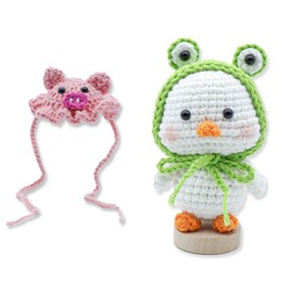 Handmade Crochet Animal Decorations, Duck with Frog Hat and Pink Pig Hat, Replaceable Hat Design, Dashboard Decorations,Desk Ornaments,Cute Amigurumi Set (Green frog hat)