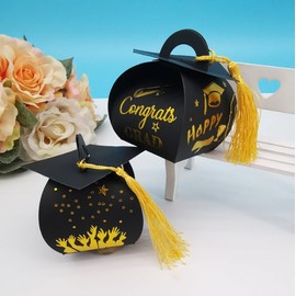 Generic 24pcs 2024 Graduation Party Candy Boxes with Tassels Grad Cap Gift Boxes 2024 Graduation Party Supplies, black