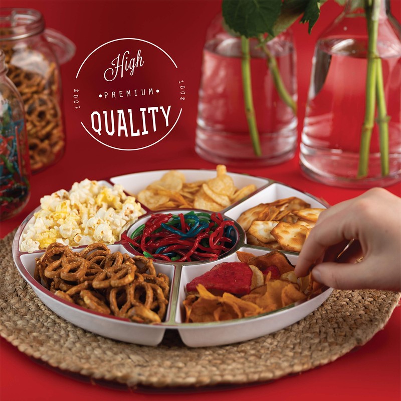 PLASTICPRO 6 Sectional Round Plastic Serving Tray/Platters White & Silver