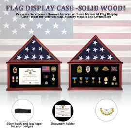 Nixvexy American Flag Display Case Solid Wood Flag Display Case Fit 5' x 9.5' Folded Veteran Burial Flag Large Military Show Box with Real Glass, Certificate Holder - Mahogany