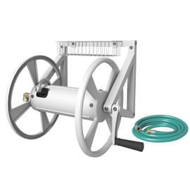Artigarden Triangle Wall Mounted Garden Hose Reel, Outdoor Heavy-Duty Water Hoses Holder Winder, Holds 125 Ft of 5/8-Inch Hose, with 3.9 ft Leader Hose, Brass Fitting, Storage Basket for Yard, White
