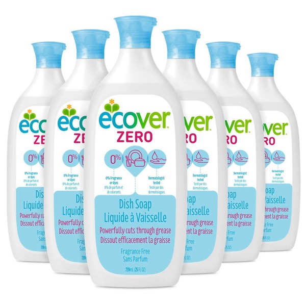 Ecover Naturally Derived Liquid Dish Soap, Fragrance-Free, 25 Fl Oz (Pack of 6)