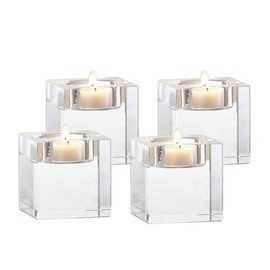 Odowalker 4 Pcs Clear Crystal Candle Holders, 2×2×1.6 inch Square Tealight Candle Holders Solid Square Tea Light Holders for Table Centerpiece Wedding Decor and Dinner Party Home Decor Candlelight