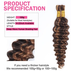 Human Braiding Hair for Boho Braids Highlight Deep Waves Bulk Human Hair for Braiding 40 cm 16 Inches 2 Bundles 100 g P430 Wet and Wavy Brown Bohemian Hair No Weft Extensions