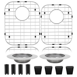 2Pack 304 Stainless Steel Sink Protector for Double Kitchen Sink Rear Drain,(13"x16"& 11.26"x14.5") Metal Sink Grid SinkGrate Sink Rack for Bottom of KitchenSink w/SinkStrainers Rubber feet