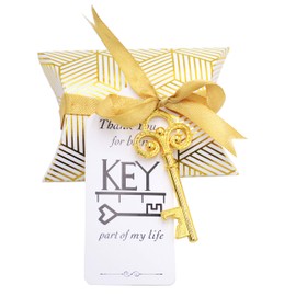 Makhry 50 Pieces Small Vintage Key Bottle Opener Wedding Key Skeleton Key Bottle Opener Wedding Favours Set with Pillow Boxes, Ribbon and Label (Antique Gold)