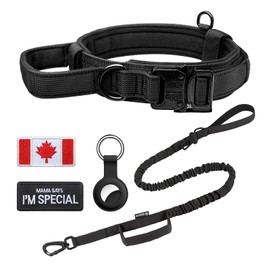 OEBEESA Dog Collar and Leash Set: Tactical dog collar with handle and Quick Release Carabiner,Shock Absorbing Retractable Strong Dog Leash with Canada Flag Patch and Airtag Case Holder for Medium and Large Dogs