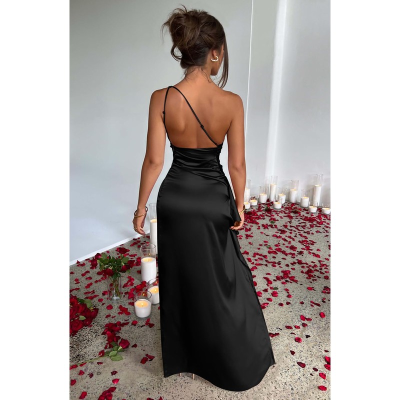 Memoriesea Women's Sexy One Shoulder Satin High Split Cocktail Wedding