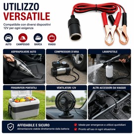 Topolenashop Adattatore Accendisigari 12V/24V con Pinze Batteria e Presa Femmina – Cavo 140 cm 16 AWG, Collegamento Rapido per Auto, Camper e Dispositivi 12V 54973