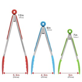 AidShunn (7 "+ 9 "+ 12 ") 3 Pcs Kitchen Tongs Food Tongs Non-Slip & Easy Grip Smart Locking Clip Heat Resistant,Handy Utensil for Cooking, Serving, BBQ, Salad, Buffet, Oven,Ice (red+blue+green)