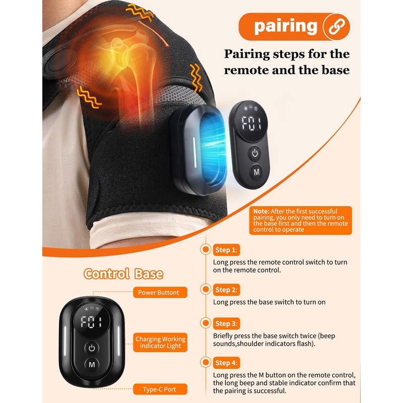 Shoulder Heating Pad with Massager & Magnetic Remote, Cordless Heating