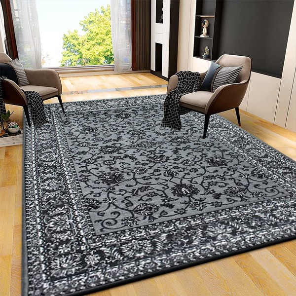 Long Hallway Carpet Ma Poypropylene Soft DISTRESSED Floral Pattern Vintage Non Shed Runner Rug for Bedroom (160 x 230 cm, Grey - 210)