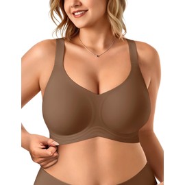 Vertvie Bras for Women No Underwire Wireless Support Bra Underarm-Smoothing Seamless Push Up Full Coverage T-Shirt Sports Bra(Coffee,X-Large Plus)