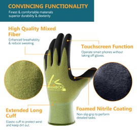 COOLJOB 2 Pairs Bamboo Gardening Gloves for Women and Men, Breathable Work Gloves Touch Screen, Rubber Coated Garden Gloves, Non Slip Grip for Workers, Gardeners, Drivers, Green, Small S