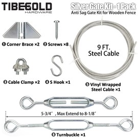 TIBEGOLD Anti Sag Gate Kit for Wooden Fence, Silver Gate Support Cable Kit, Gate Sag Frame Kit Hardware, Anti-Sagging Fence Gate Kit Hardware, Wood Gate Repair Kit for Outdoor, 1 Pack
