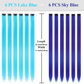 Blue Hair Extensions Clip Ins 12 Pcs-Clip in Hair Extensions 22 Inch Colored Hair for Kids Colorful Synthetic Hairpieces for Women Girls DIY Party&Daily Wear(Lake Blue&Sky Blue)