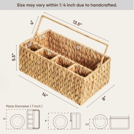 DAI VU CRAFTS Hand-Woven Large Wicker Utensil Caddy, Outdoor Silverware Caddy for Party, Cutlery Holder, Utensil Holder for Party, Napkin and Utensil Holder with Handle