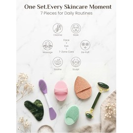 Rena Chris Gua Sha y juego de rodillos faciales: herramientas para el cuidado de la piel facial con cepillo de limpieza facial, 2 almohadillas de sili