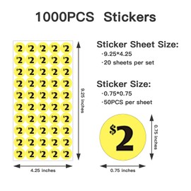DUGUTUL 1000 $2 Coded Price Stickers for Garage Sale and Flea Market, 3/4" Diameter, Bold Fonts Clear Visibility, High Visibility, Easy Organization