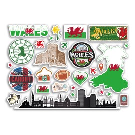 A5 Sticker Sheet Wales Landmarks Vinyl Stickers - Welsh Map United Kingdom Skyline Stamp Flag Travel Holiday Country City Aesthetic #80671