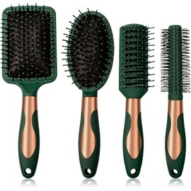 Set de Cepillos para Cabello 4 Piezas – Cepillo Acolchonado, Cepillo Ovalado, Cepillo Ventilado y Cepillo Redondo – Antinudos y Antiestático – Para Mujeres y Hombres - Unisex para Rizado o Liso (Verde bosque)