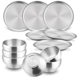 HaWare Kids Plates and Bowls, 12 Pieces Stainless Steel Dish Set, Reusable Dinnerware for Camping, Hiking, Travel, Picnic, Non-toxic Tableware set for Kids Self-feeding, Dishwasher Safe