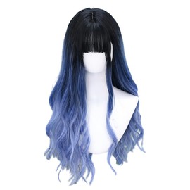 Lolita Wig, Harajuku, Long, Curly Hair, Light Blue, Black, Lolita Style, Gothic Lolita, Cosplay Wig, Gothic Bangs, Costume, Heat Resistant Wig, Curl, Women's Wig, Daily Use, Small Face Effect, Cute