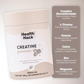 Creatina 5g Gomitas Electrolitos Sin Azúcar 80 Pzas Health Hack | Creatina 5,000mg, L-Tirosina 250mg, Citrato Sodio 515mg, K 236mg, Ca 128mg, Mg Glici