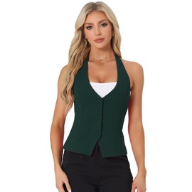 Allegra K Women's Waistcoat Halter Neck Vintage Sleeveless Button Down Dressy Suit Vest Jacket X-Large Dark Green