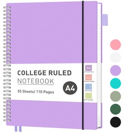 RETTACY A4 Notebook, Lined Wirebound Spiral Notebook College Ruled Paper 110 Pages for Writing, Journals for Women 100gsm, PVC Pocket, Pen Loop, Ruler, Bookmark, 21.5 x 27.9cm - Lilac