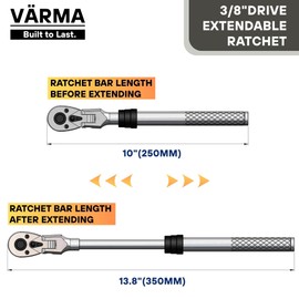 VÄRMA 3/8" Drive Ratchet – 10–13.8" 4-Stage Extendable Handle, 90T Flex Head, Quick Release, Chrome Vanadium