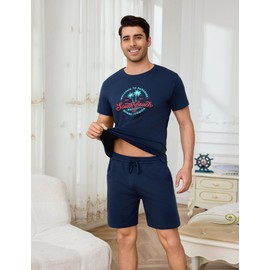 Bresdk Men's Short Cotton Summer Short Sleeve Shorty Pyjamas Crew Neck Loungewear Set with Letter Print Top and Shorts 2-Piece Set, darkblue, 3XL