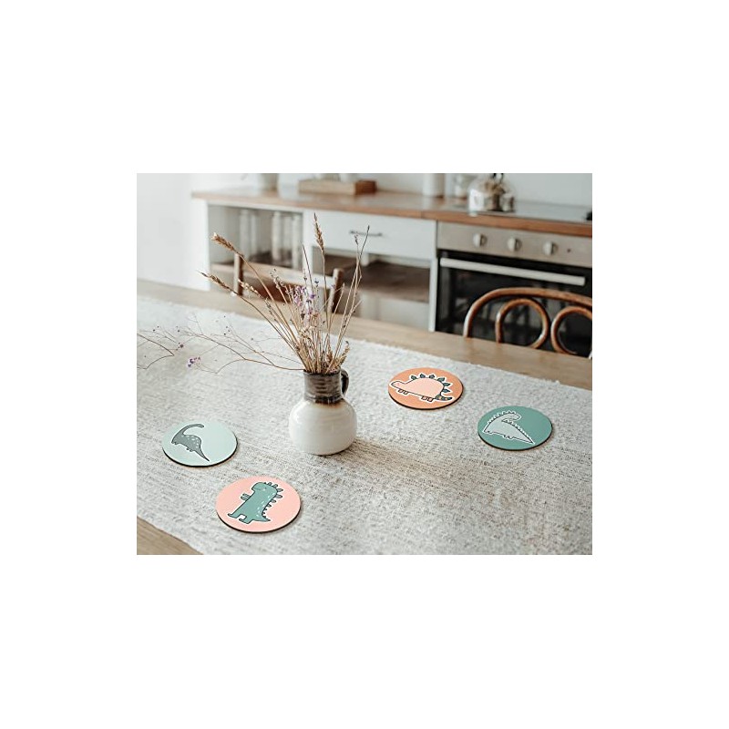 4 x Round Dinosaur Coasters - Dino T-Rex Cartoon Boys
