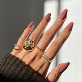 YOSOMMK Brown Red Almond Press on Nails Medium Fake Nails Solid Color Glossy False Nail Glue on Acrylic Nail for Women